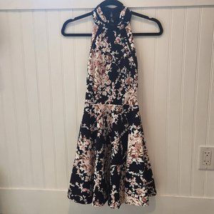 B Darlin Juniors' Printed Mock-Neck Crochet-Trim Fit & Flare Dress